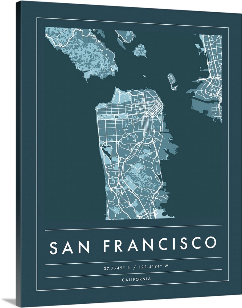 Navy minimal city map of San Francisco, California, USA with longitude and latitude coordinates.