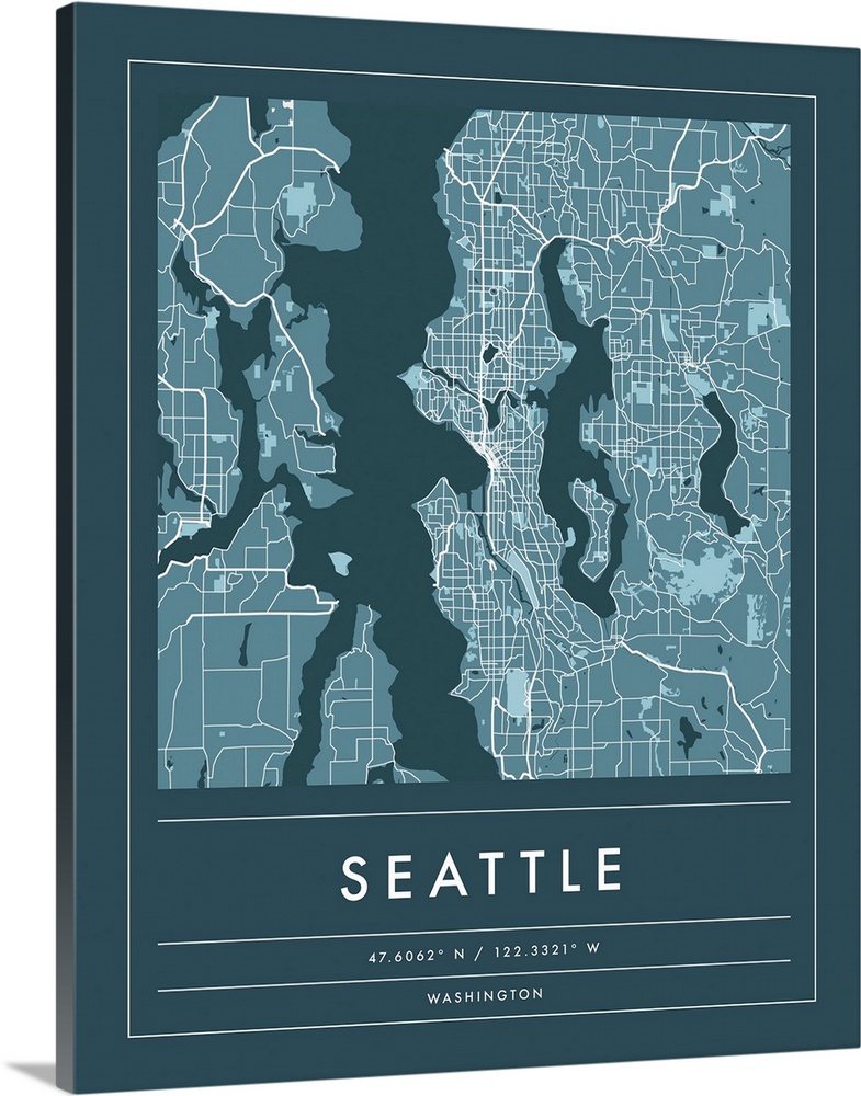 Navy minimal city map of Seattle, Washington, USA with longitude and latitude coordinates.