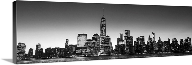 New York City Skyline in the Evening, Black and White Wall Art, Canvas