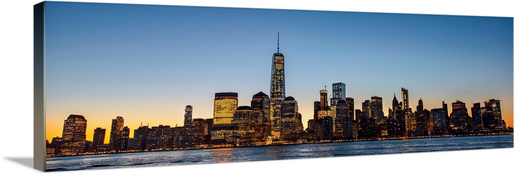 Panoramic view of the New York City skyline over Manhattan in the morning.