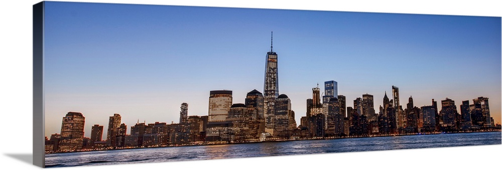 Panoramic view of the New York City skyline over Manhattan in the morning.