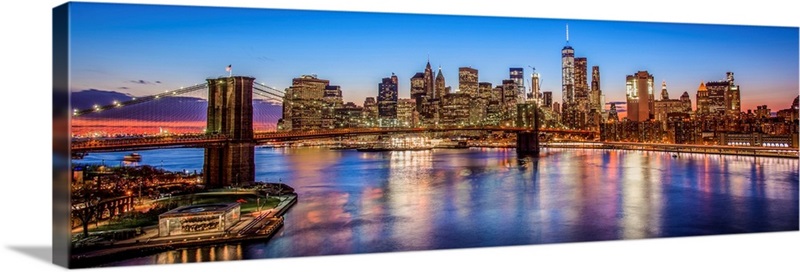 New York City Skyline with Brooklyn Bridge in Foreground, at Night ...