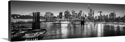 New York City Skyline with Brooklyn Bridge in Foreground, Evening, Black and White