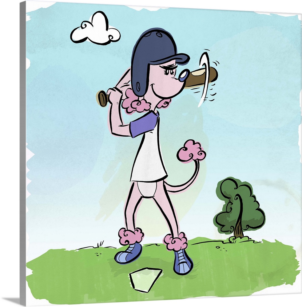 Fun cartoon artwork of a poodle getting ready to hit a homerun.