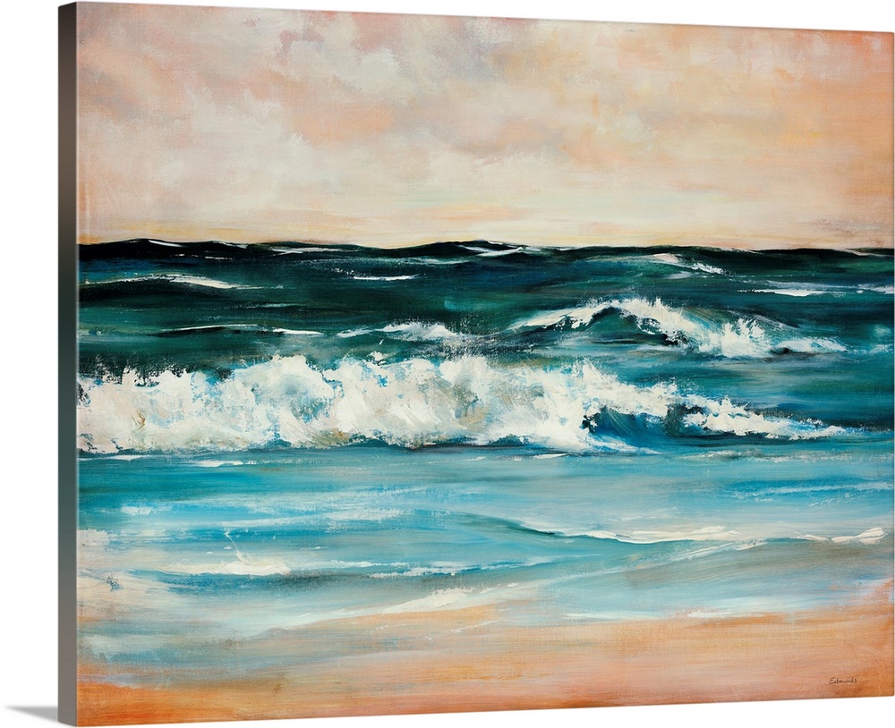 Contemporary painting of crashing waves on a beach on a cloudy day.