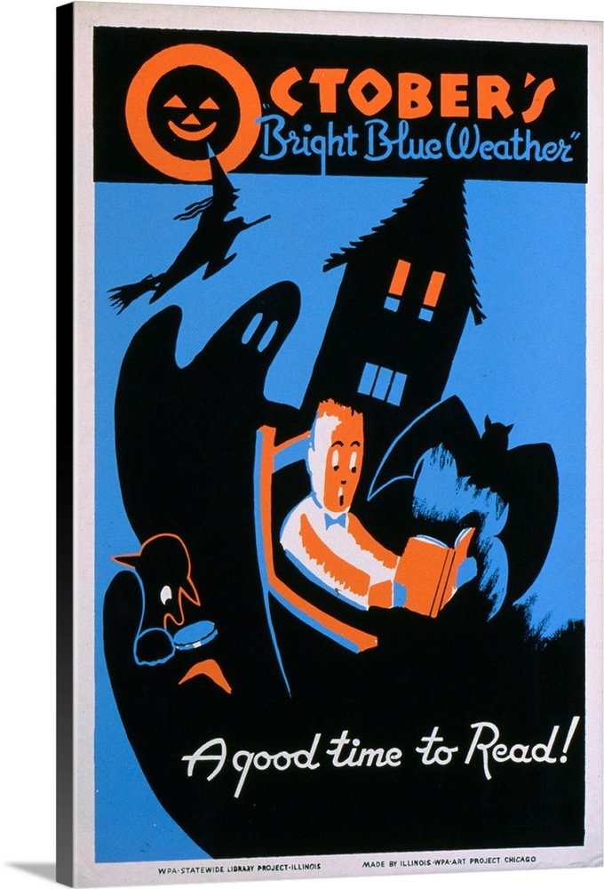 Artwork for the WPA Statewide Library Project, showing a boy reading a book, surrounded by a bat, ghost, witch, and other ...