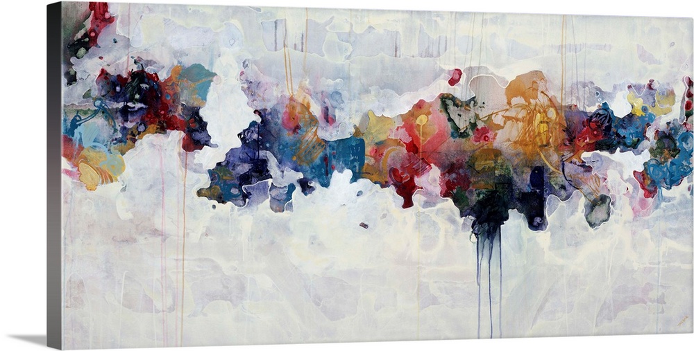 Abstract painting of a spectrum of dull colors arranged across the image with drips falling from some of the colors.