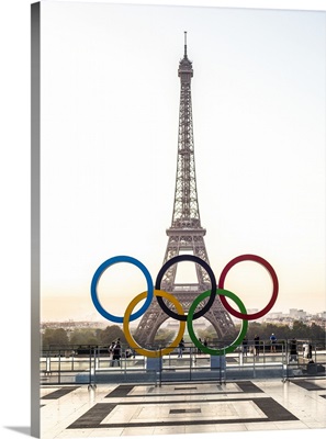 Olympic Rings in Front of the Eiffel Tower at Sunset