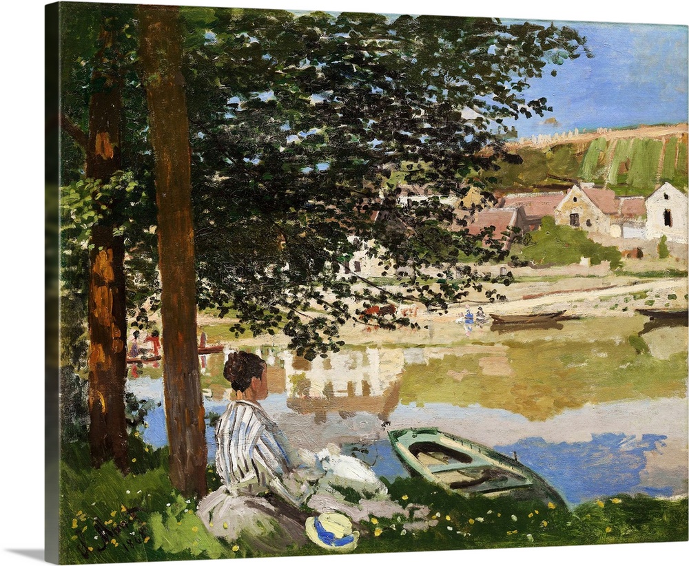 Here Claude Monet's future wife, Camille Doncieux, sits on an island in the Seine River, looking toward the hamlet of Glot...
