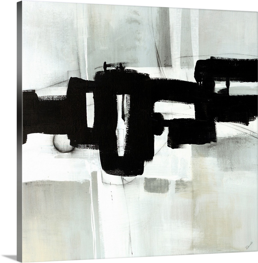Contemporary abstract painting of interlocking black shapes over a gray background.