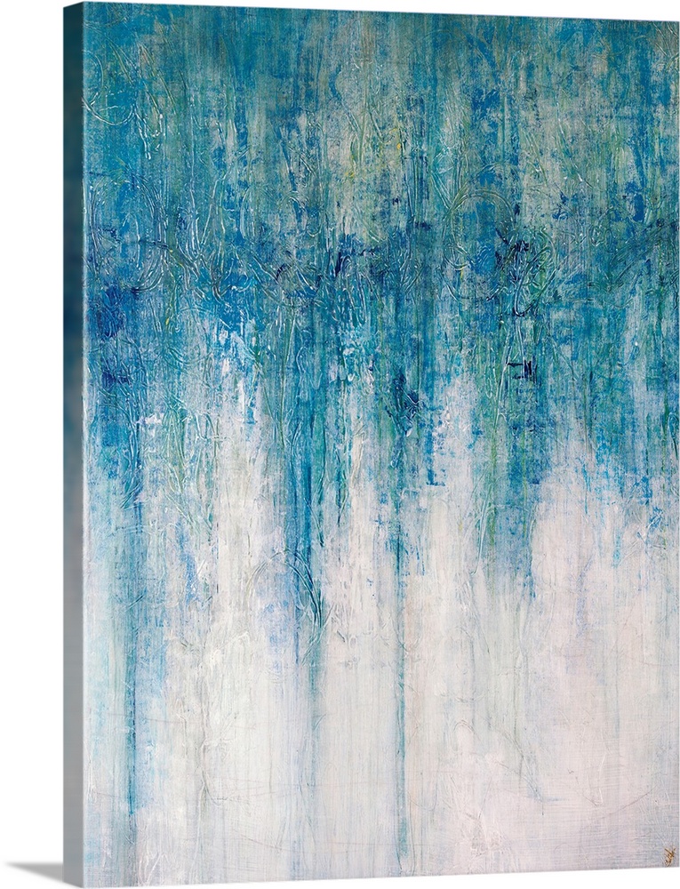 Abstract artwork that has shades of blue color at the top that drip down toward the bottom which is almost white.