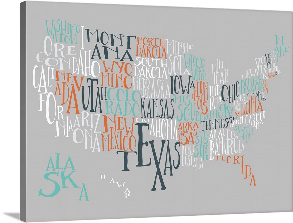 A hand-drawn typography map of the United States with all the state names, in blue, orange, and white.