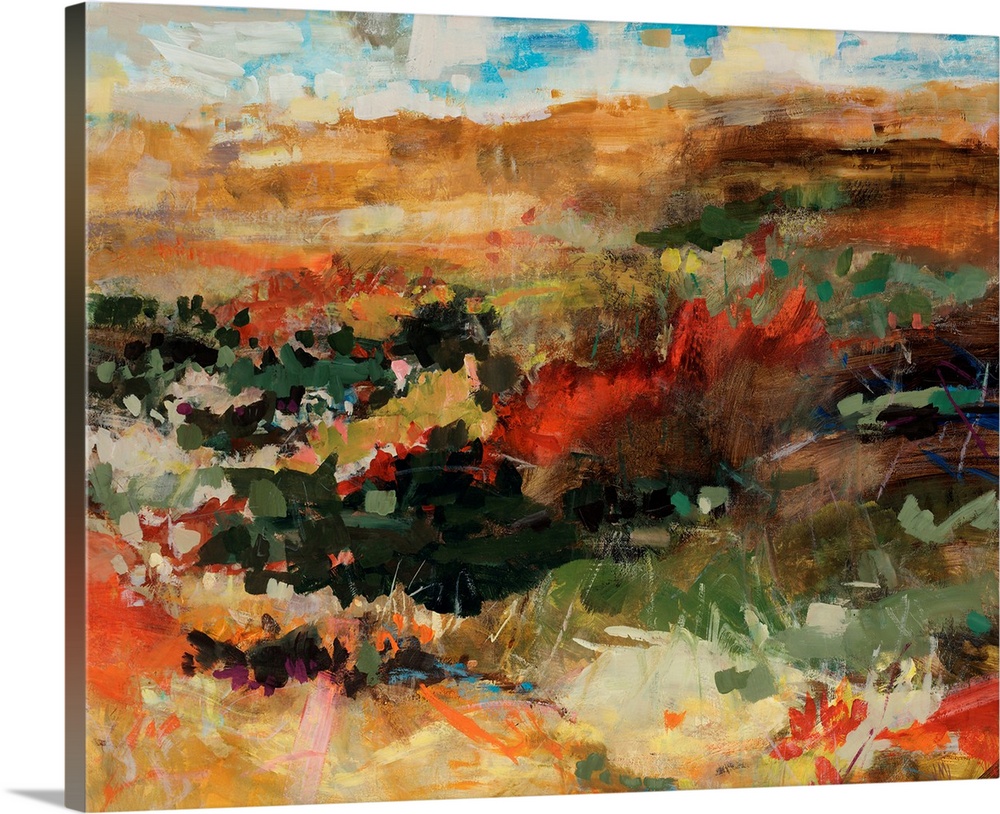 Contemporary abstract painting that portrays flowers in a field with mountains in the distance under a cloudy sky. Short b...