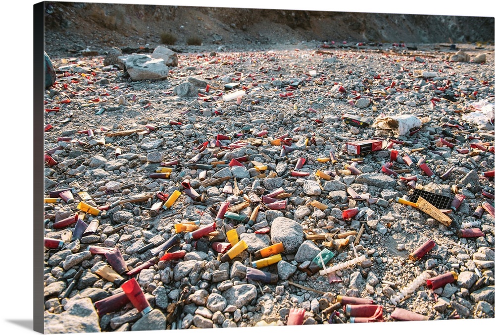 Close up view of shotgun shells and other ammunition littered near Joshua Tree National Park, California.