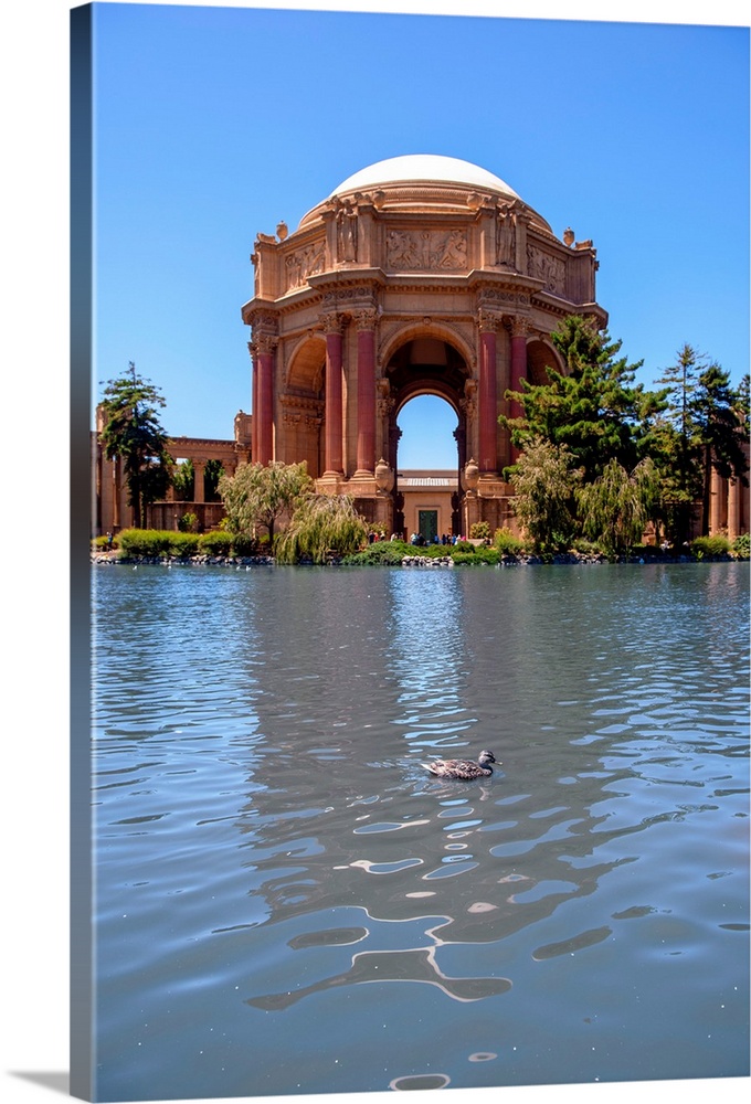 View of Greco-Roman style rotunda and colonnades with duck, Palace of Fine Arts in San Francisco, California.