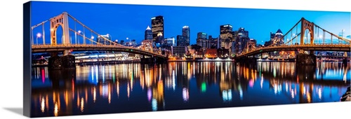 Panoramic Pittsburgh City Skyline at Night Wall Art, Canvas Prints ...