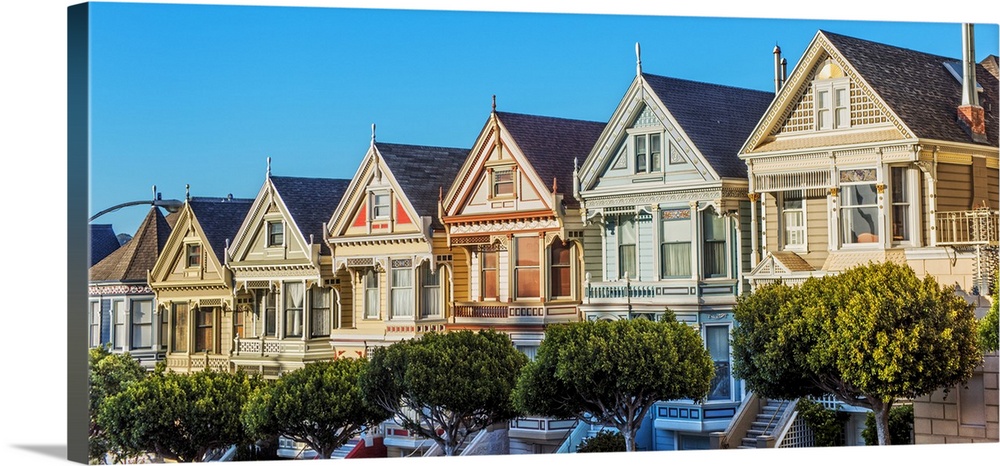 Panoramic photograph of the Painted Ladies in downtown San Francisco.