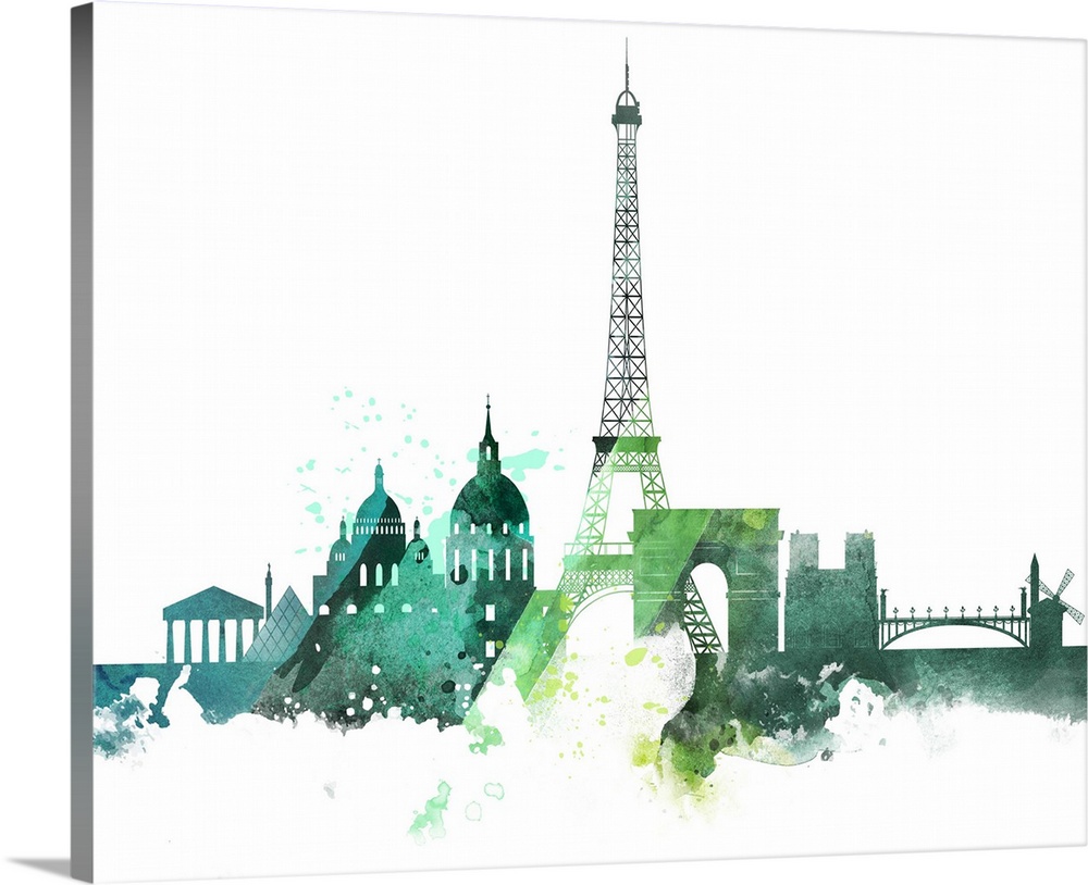 The Paris city skyline in colorful watercolor splashes.