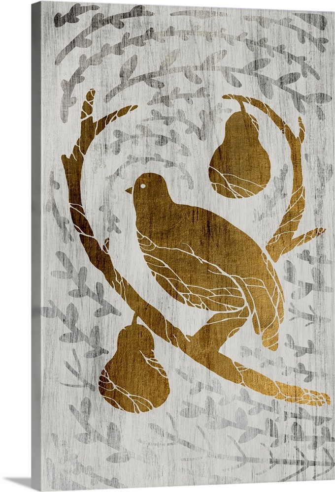 Gold leaf on weathered wood with a fern pattern of a partridge with two pears.