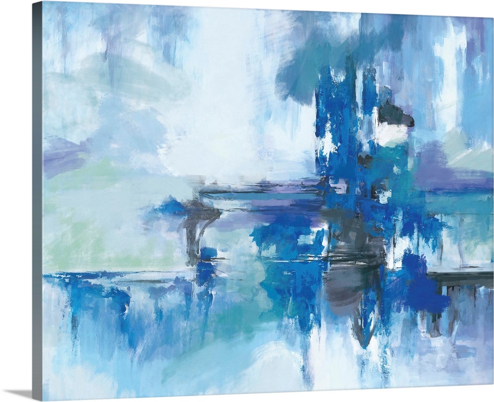 A contemporary abstract painting using multiple blue tones in a horizontal movement.