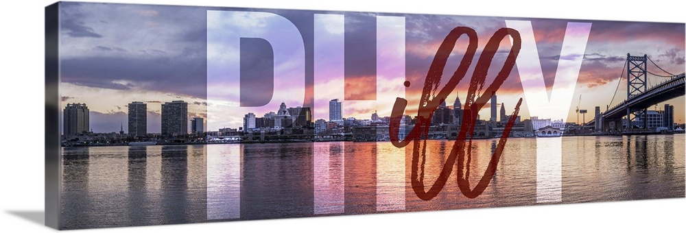 Philly Transparent typography art overlay against a photograph of the Philadelphia city skyline and the Benjamin Franklin ...