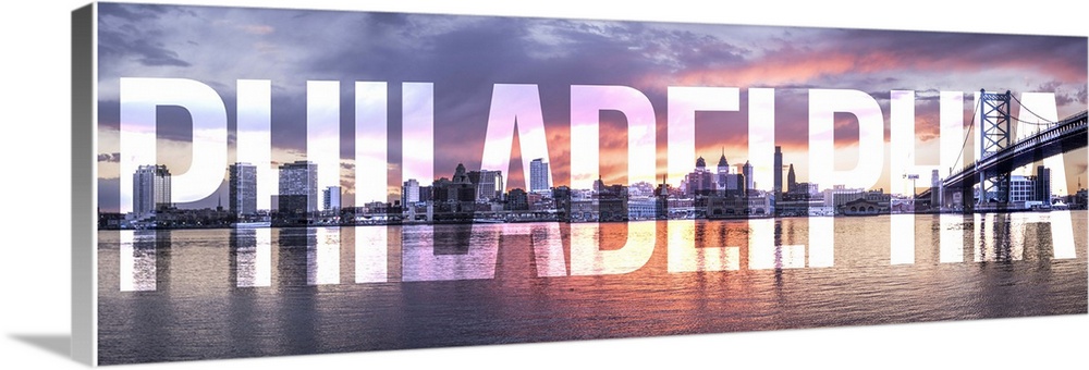Transparent typography art overlay against a photograph of the Philadelphia city skyline and the Benjamin Franklin bridge.