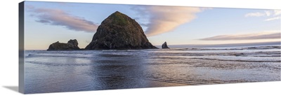Pink and Purple Sunset at Haystack Rock, Cannon Beach, Oregon - Panoramic