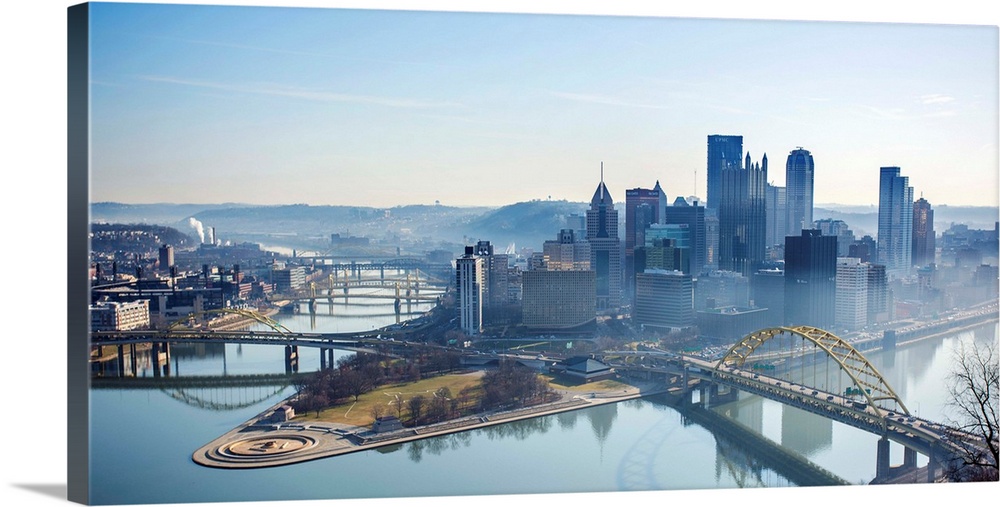 Photo of morning dew at downtown Pittsburgh with Point State Park. The forks of the Ohio.