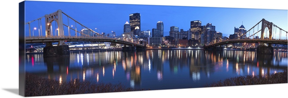 Pittsburgh City Skyline with Two of the Three Sisters Bridges at Night ...