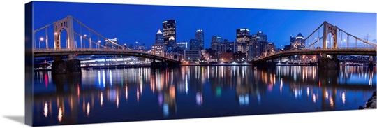 Pittsburgh City Skyline with Two of the Three Sisters Bridges at Night ...