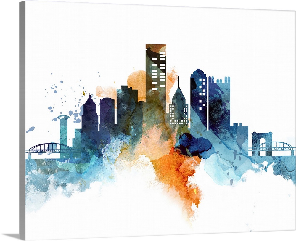 The Pittsburgh city skyline in colorful watercolor splashes.