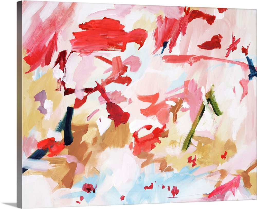 Colorful contemporary abstract painting consisting of short brush strokes in blush pinks, scarlet reds, and citron yellows.