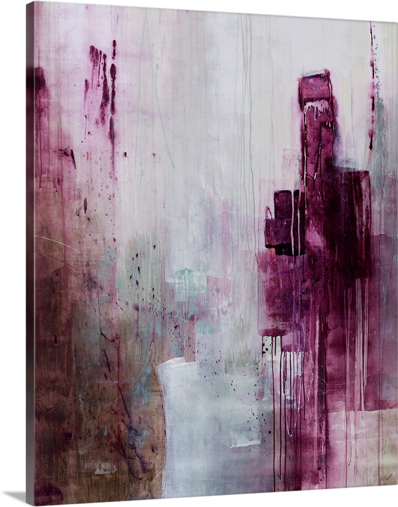 Contemporary abstract painting of plum tones smeared in a downward motion against a faded background.