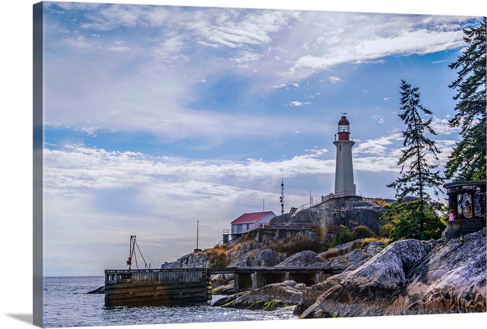 View of Point Atkinson Lighthouse and blue skies in Vancouver, British Columbia, Canada.