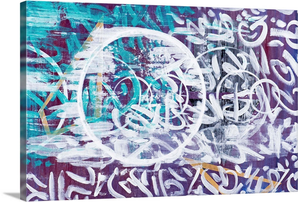 Urban abstract painting in teal and purple covered in white symbols.