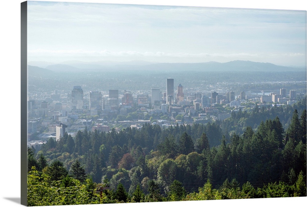 View of a hazy Portland city skyline, Oregon