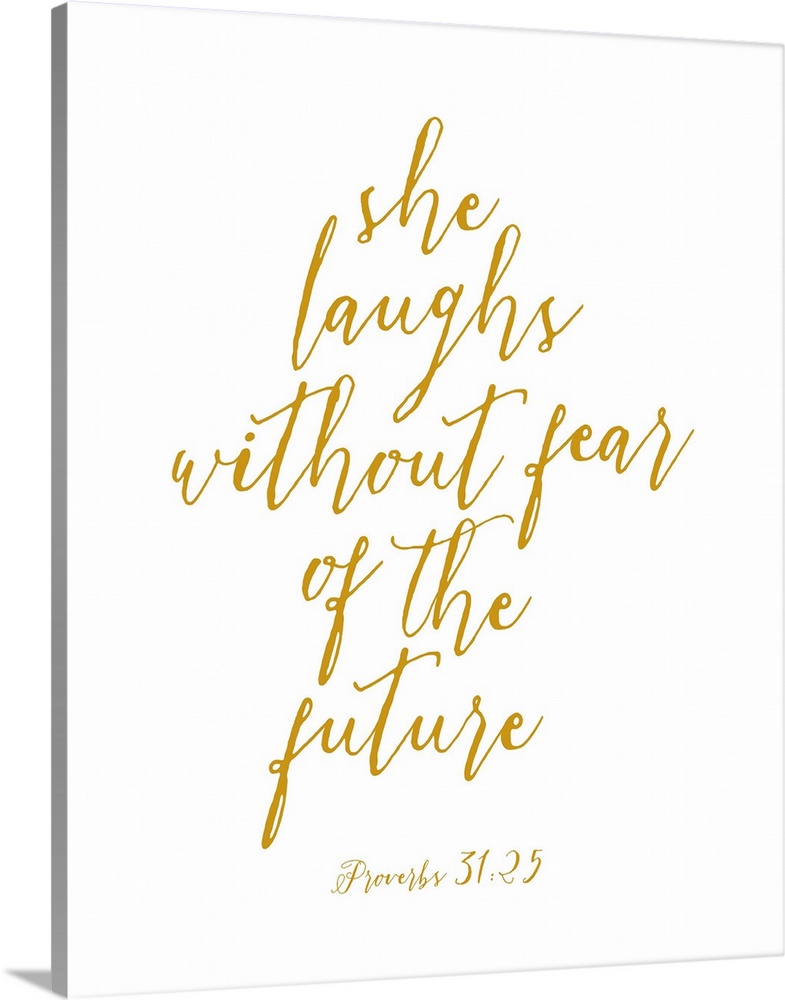 Handlettered Bible verse reading She laughs without fear of the future.