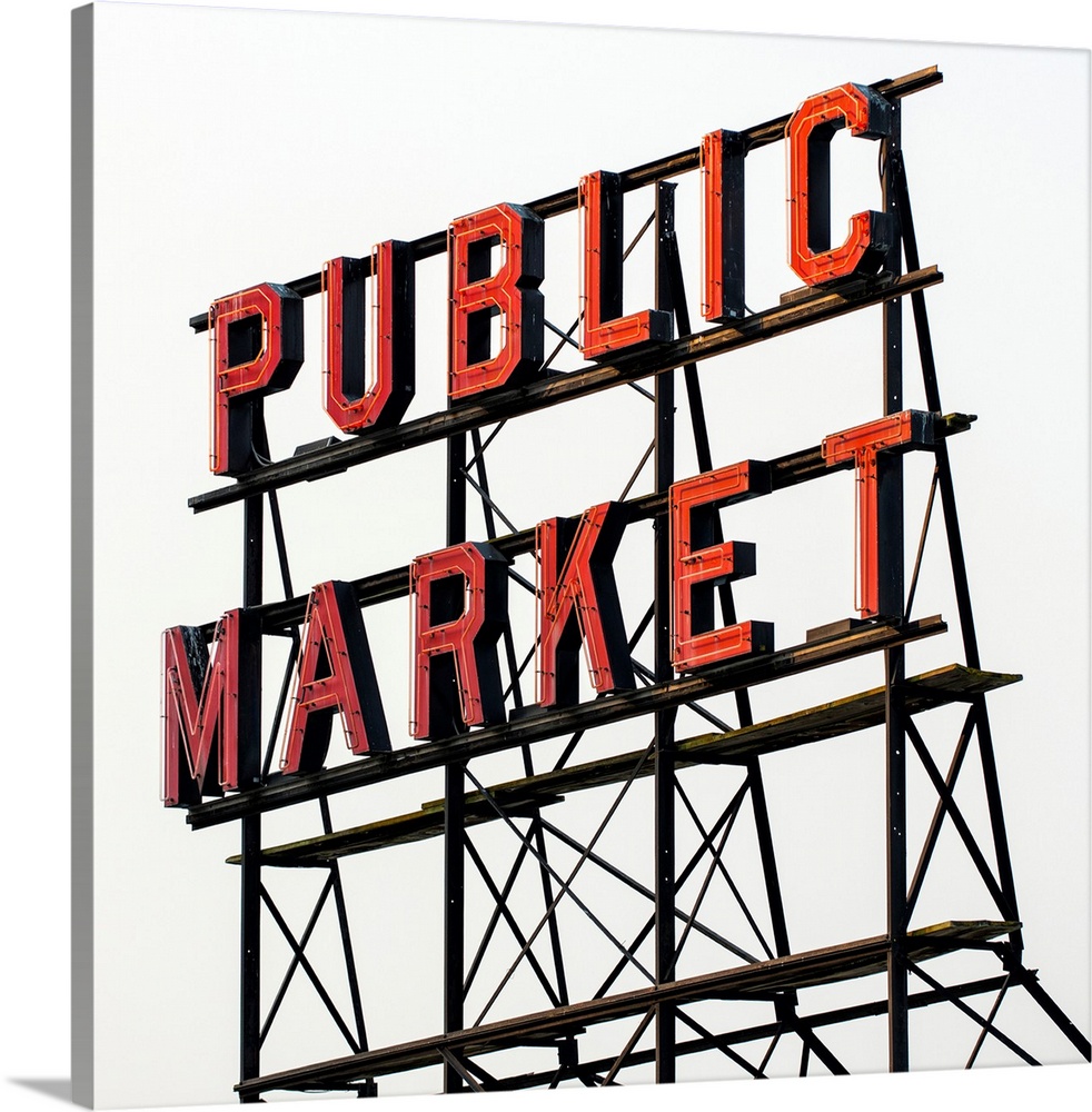 Square photograph of the red Public Market sign at Pike Place Market in downtown Seattle, WA.