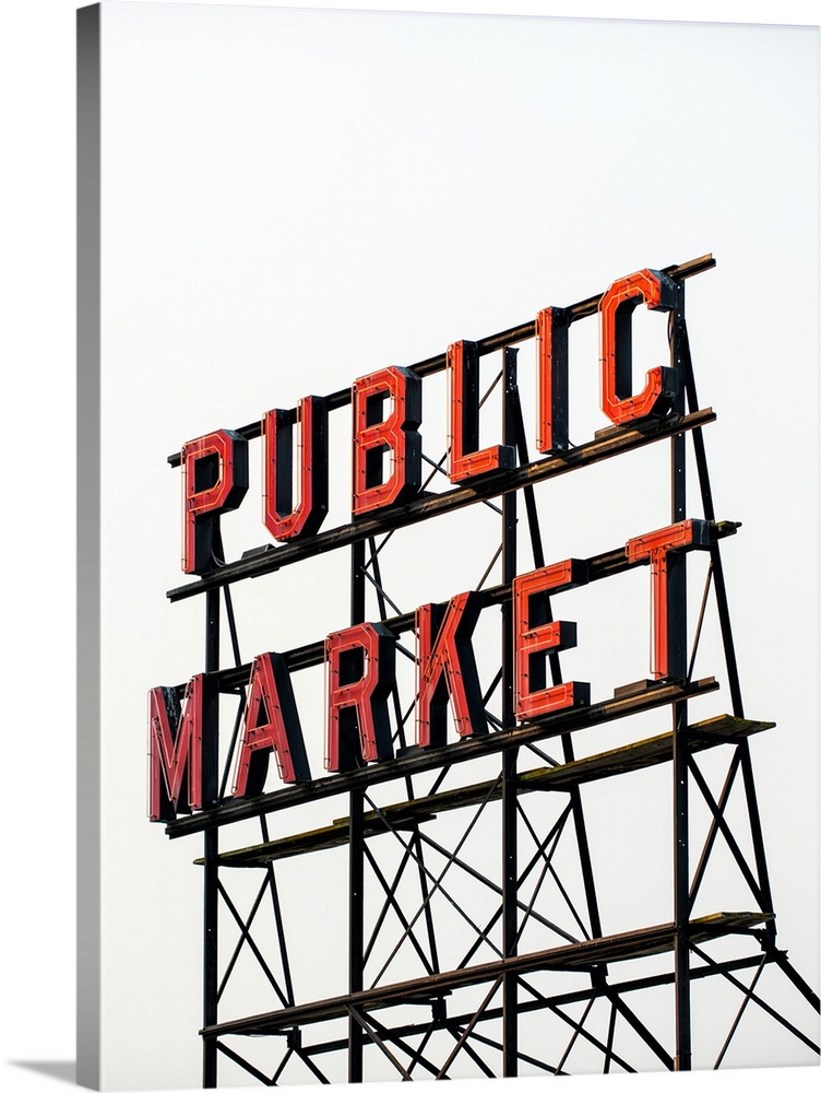 Photograph of the red Public Market sign at Pike Place Market in downtown Seattle, WA.