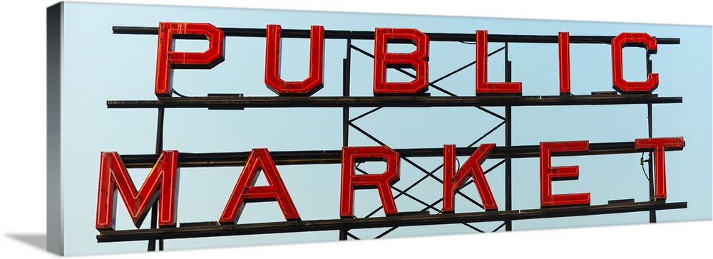 Panoramic photograph of the Public Market sign at Pike Place Market in San Francisco.