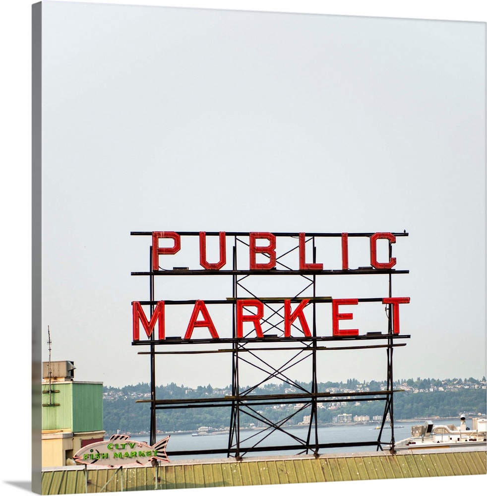 Square photograph of the Public Market sign at Pike Place Market in Seattle, Washington.