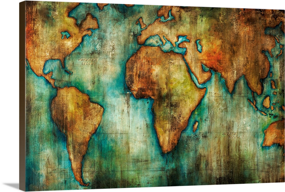 Painting of a world map done in an antique style with shades of brown and blue-green.
