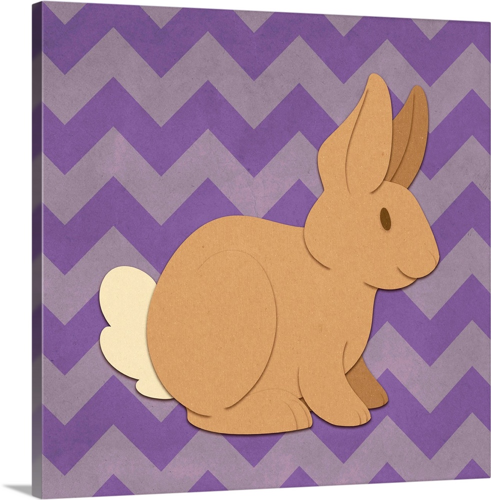 A bunny rabbit with the appearance of cutout paper on a purple chevron-patterned background.