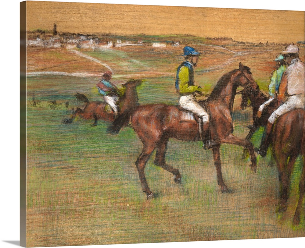 Degas undertook racing scenes throughout his career, characteristically manipulating his horses and jockeys from one pictu...