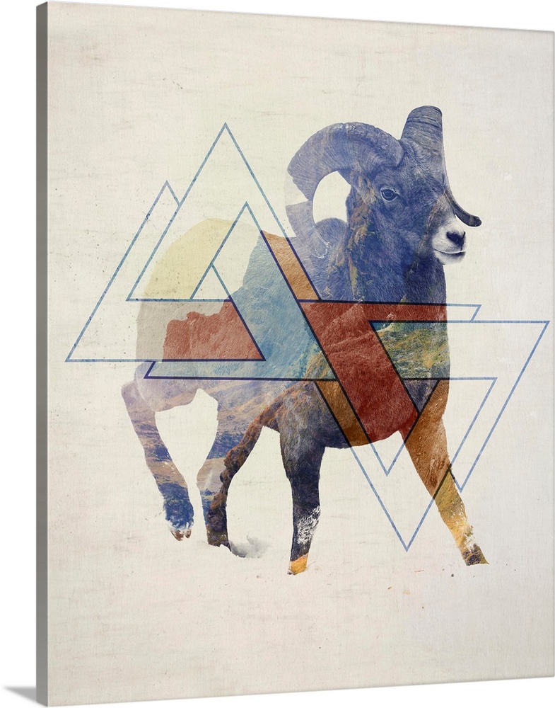 Double exposure artwork of a bighorn sheep ram and mountains with triangular shapes.