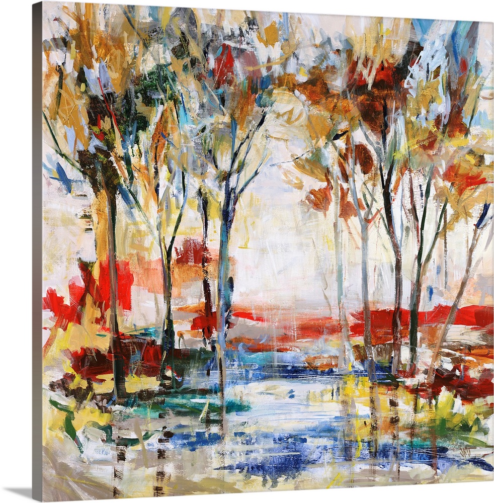 Contemporary painting of a grove of vibrant trees, surrounded by a multicolored playful landscape.