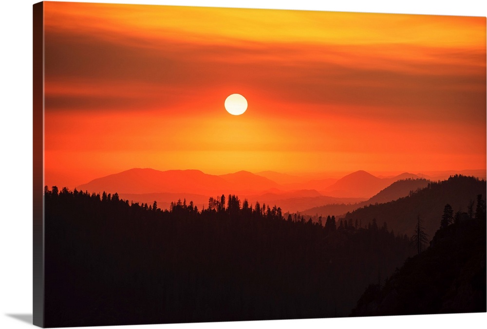 View of a vibrant red sky in Sequoia National Park, California.