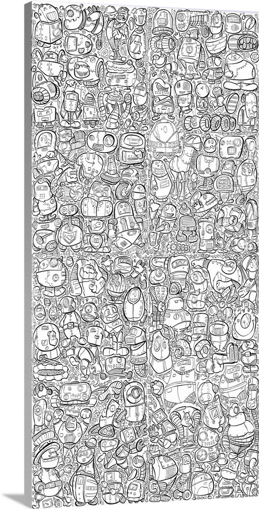 Fun coloring page packed full of interesting and funny robot characters.