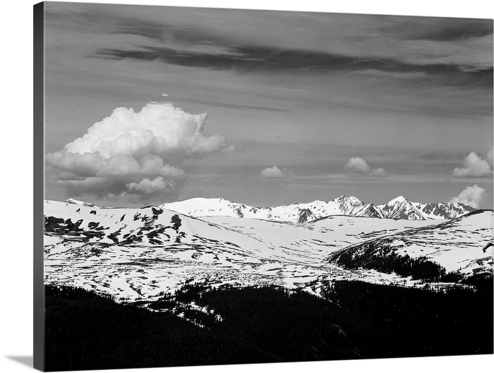 Rocky Mountain National Park. Never Summer Range, panorama at timberline, dark foreground, light snow capped mountain, gra...
