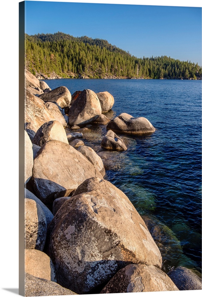 View of a large boulders on the shoreline of Lake Tahoe in California and Nevada.
